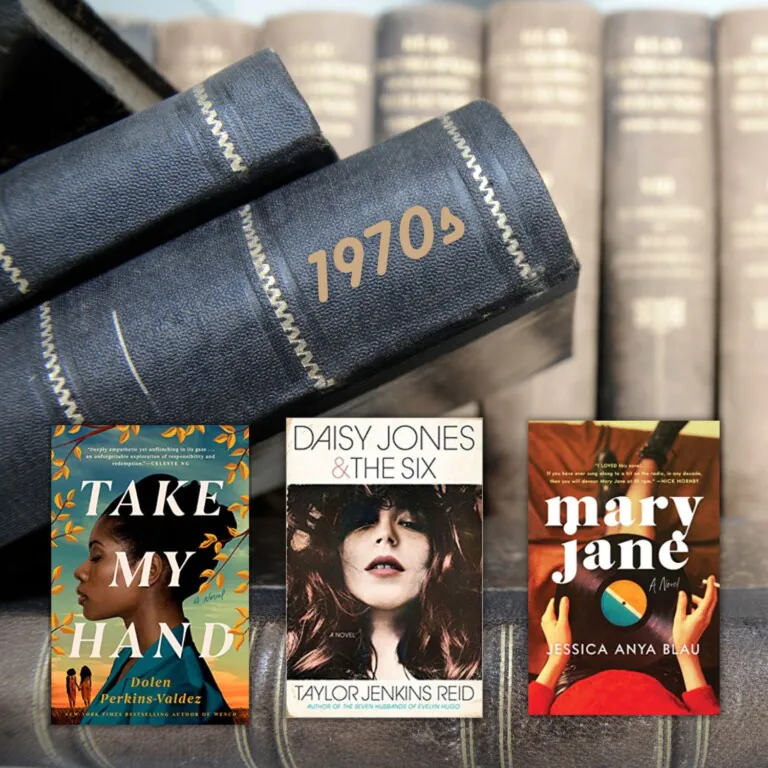 Stack of old books in the background with three historical fiction book covers in the front