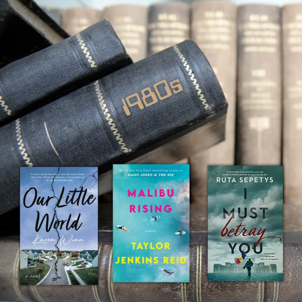 Stack of old books in the background with three historical fiction book covers in the front