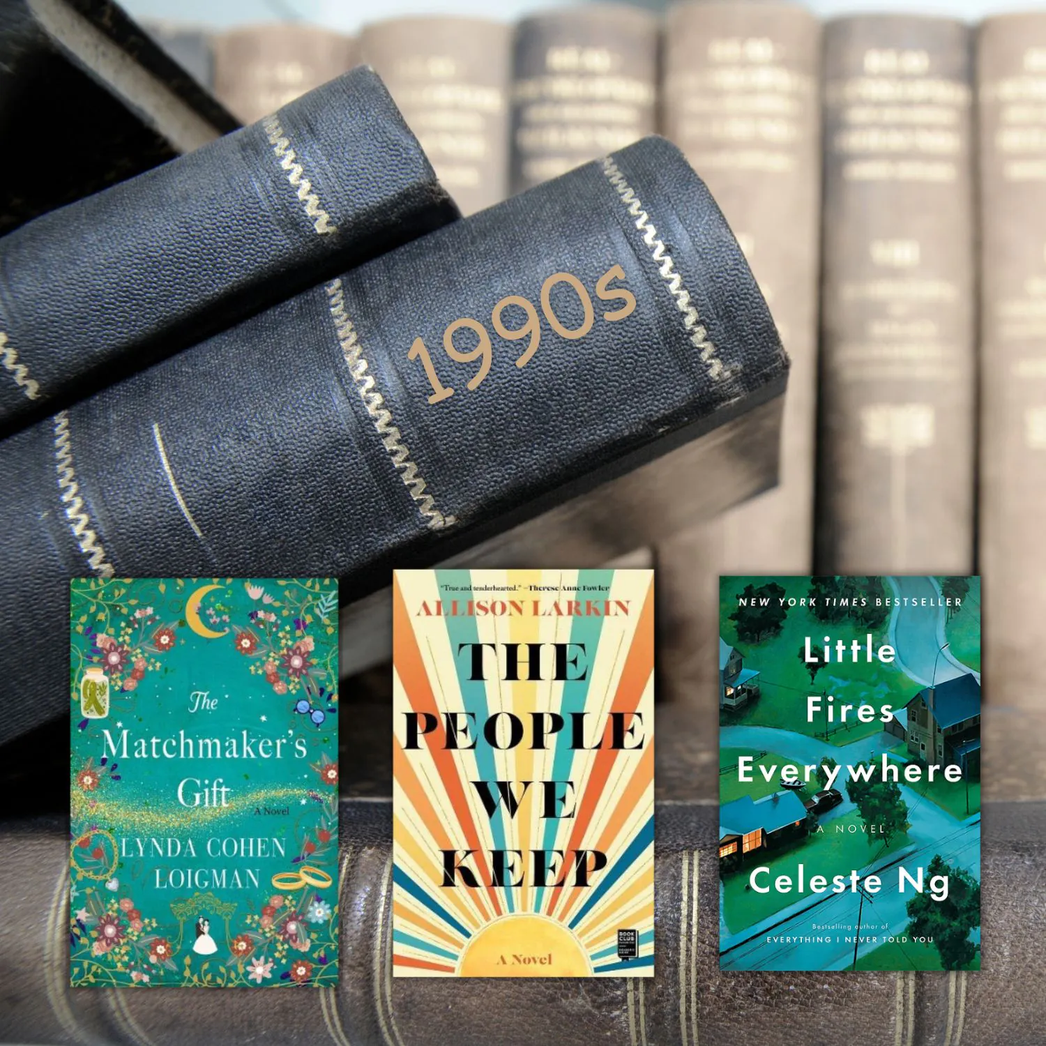 three book covers in front of old leather books titled 1990s