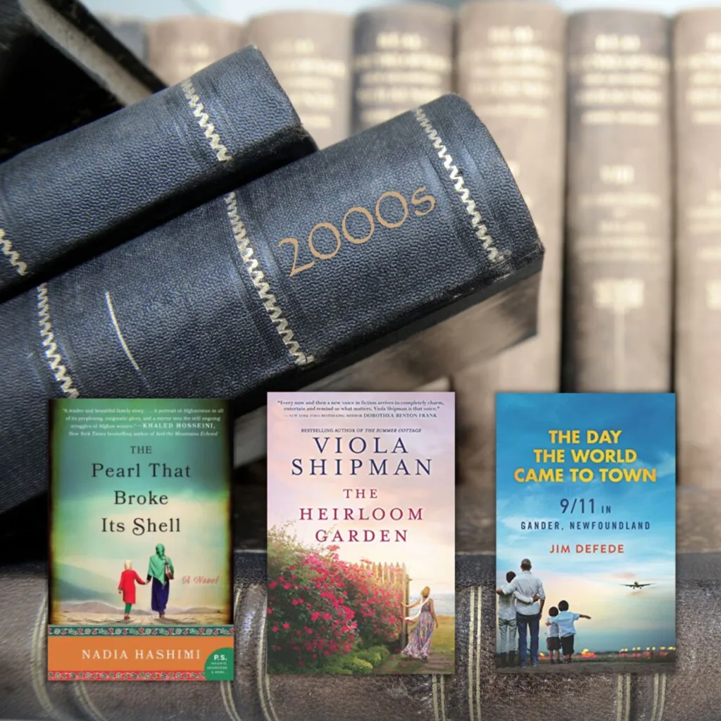 Stack of old books in the background with three book covers in the front