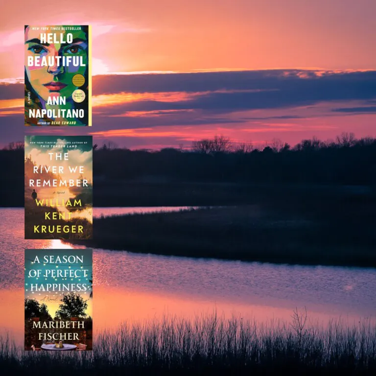 Photo of a pink and orange midwest sunset reflected in a Great Lake with covers of three books set in the Upper Midwest