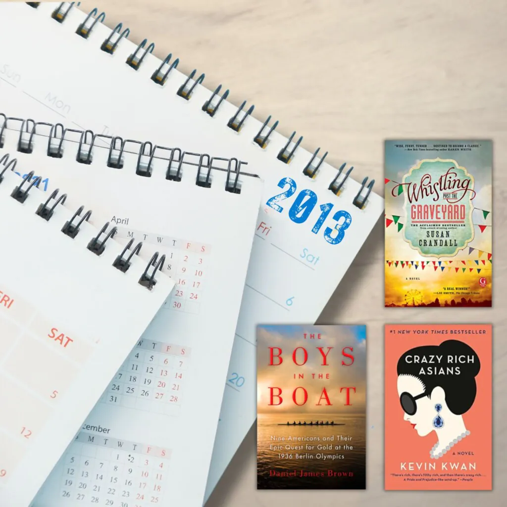 Stack of 2012 calendars on a wood desk with three book covers