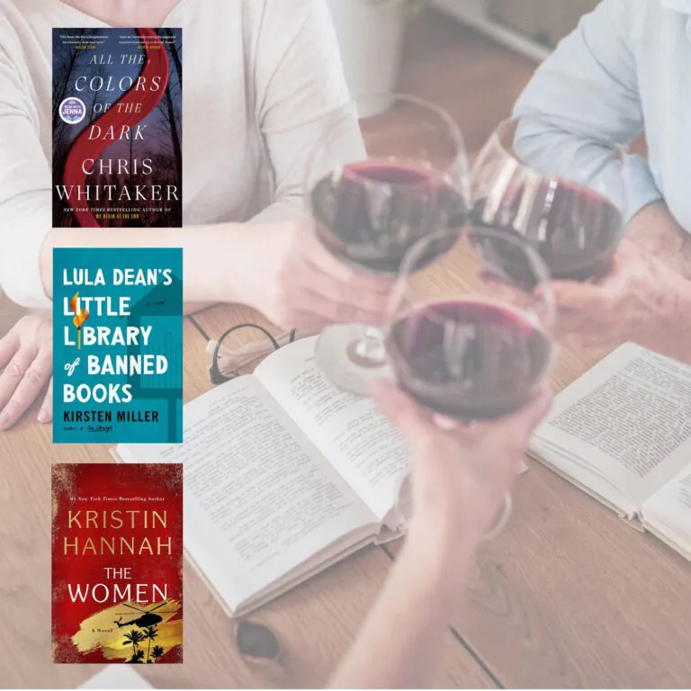 Three book covers on top of an image of three hands holding glasses of red wine & books