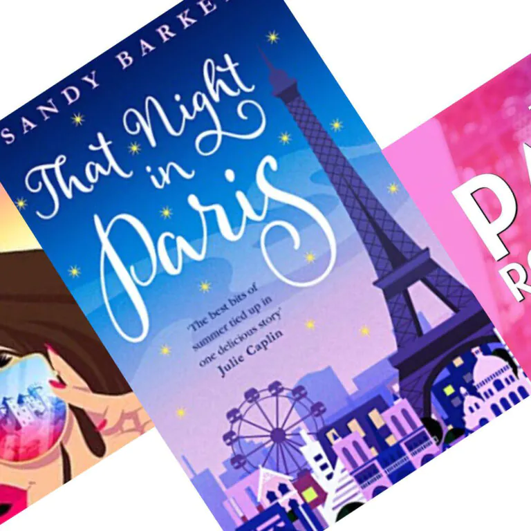 Angled book covers with That Night in Paris by Sandy Barker in the center