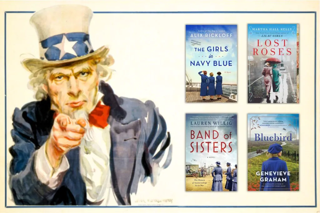 Uncle Sam "I Want You" poster next to covers of four books about WWI