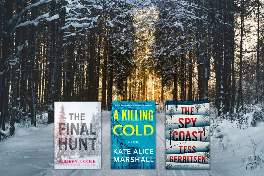 Dark tree lined isolated road with snow & three book covers