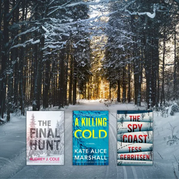 Dark tree lined isolated road with snow & three book covers