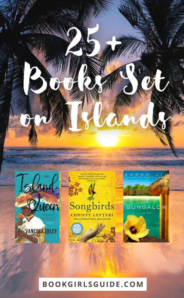 Photo of a beach with palm trees at sunset with text across the top that says 25+ Books Set on an Island and three book covers across the bottom