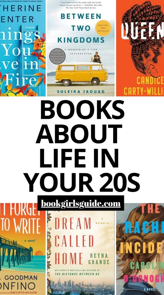 six book covers across the top and bottom of the image with text in the middle that reads Books About Life in Your 20s