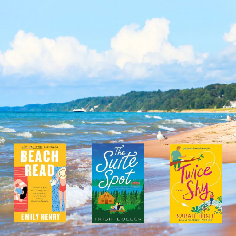 Three book covers in front of a beach photo including Beach Read, The Suite Spot, and Twice Shy