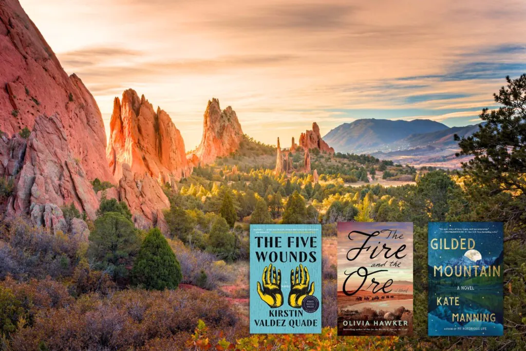 Photo of red rock formations and mountains overlaid with three book covers of books set in the American southwest mountain states