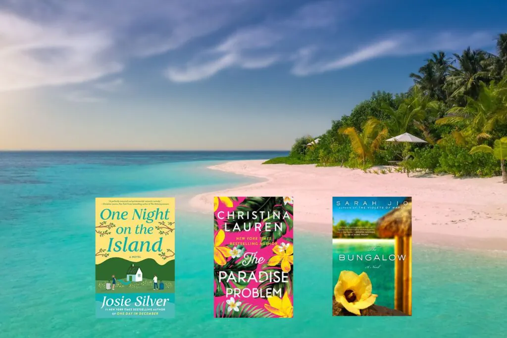 Tropical island photo with three book covers on top