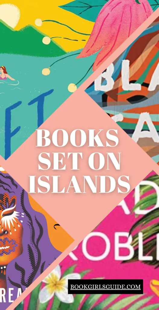pink diamond in the middle with text that says Books Set on Islands surround by four partial book covers