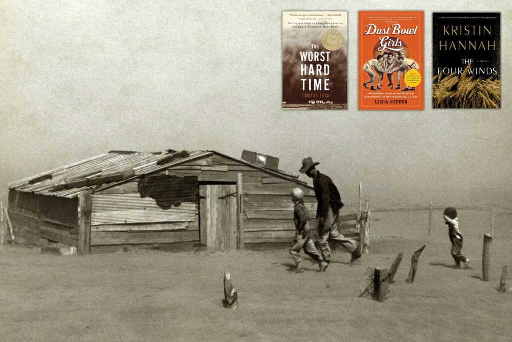 black and white scene of family outside in dust bowl