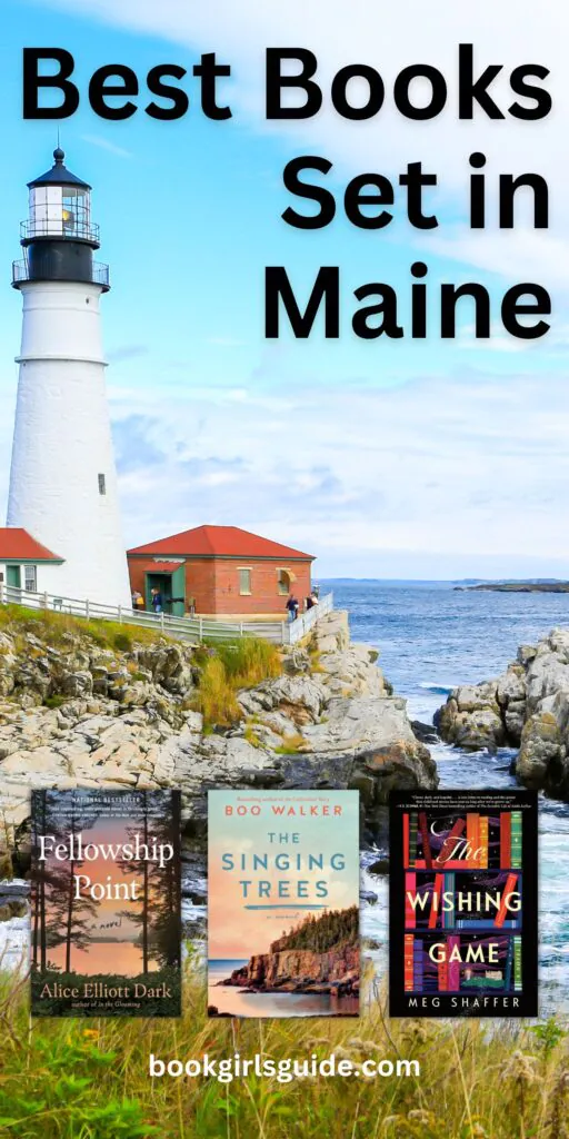 Lighthouse on rocky beach with overlay reading Best Books Set in Maine