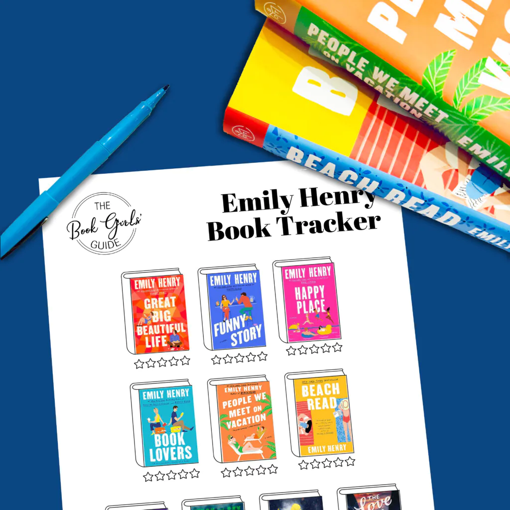 Printable list of Emily Henry book on a blue background with a light blue pen and a stack of two Emily Henry books