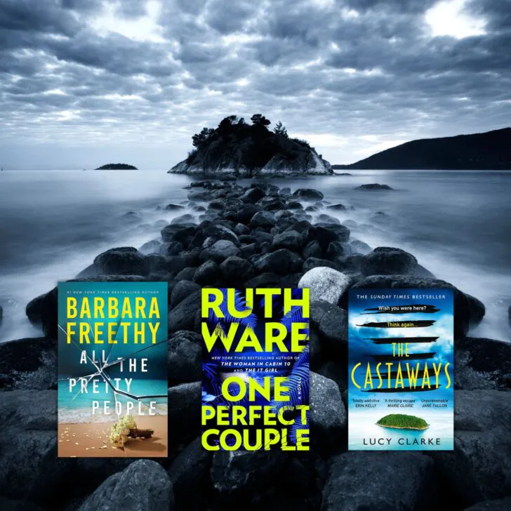 dark photo of rocks and water leading to island in the distance with three book covers overlaid