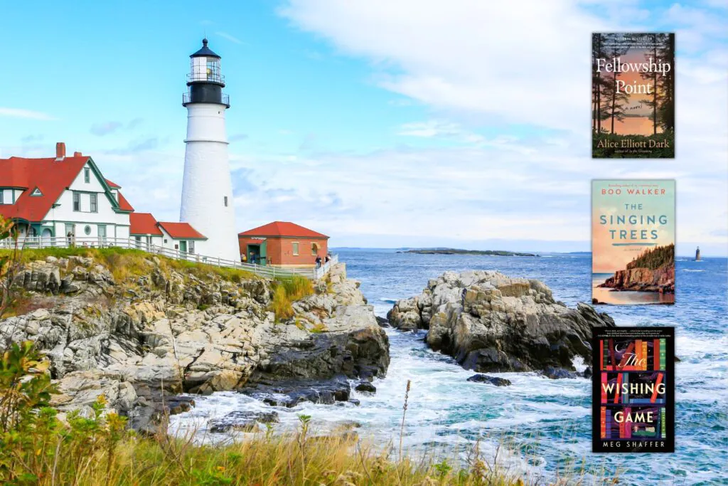 Lighthouse on rocky coast with 3 book covers
