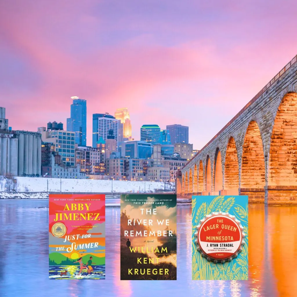 Skyline of Minneapolis seen from the water at dusk with the covers of three books set in Minnesota