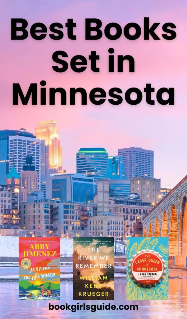 Skyline of minnesota over water with 3 books