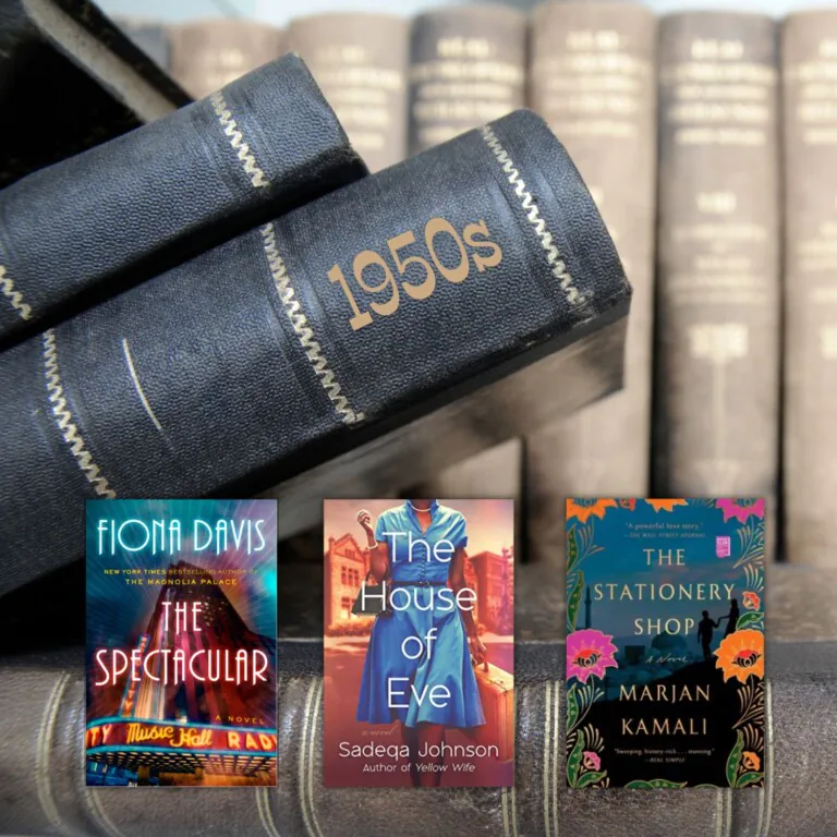 Stack of old books in the background with three historical fiction book covers in the front