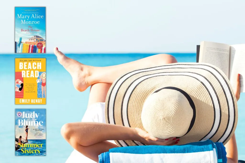 Photo of a woman in a sun hat reading on the beach with three beach read book covers