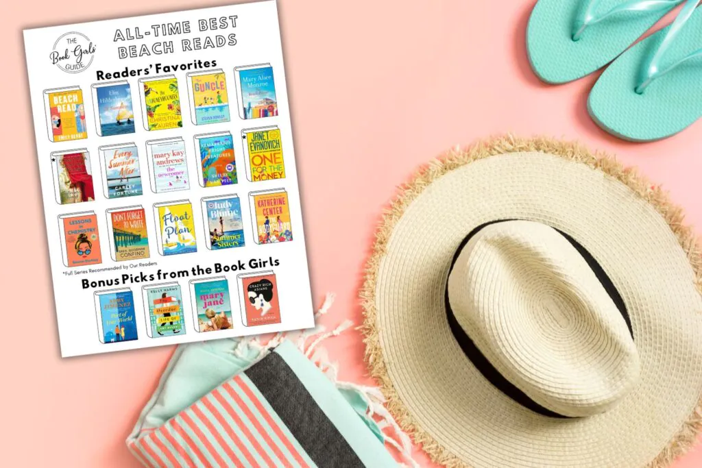 Flatlay with a beach hat, flip flops, a towel, and a printable list of the best beach reads of all time