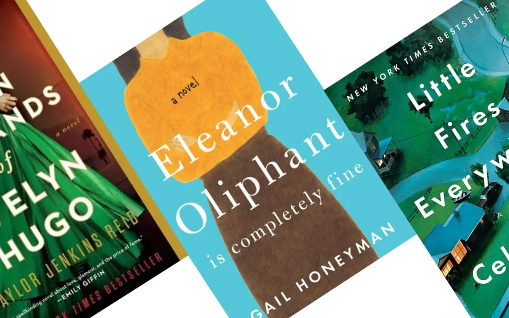Three angled book covers of highly rated books published in 2017 with Eleanor Oliphant in the center