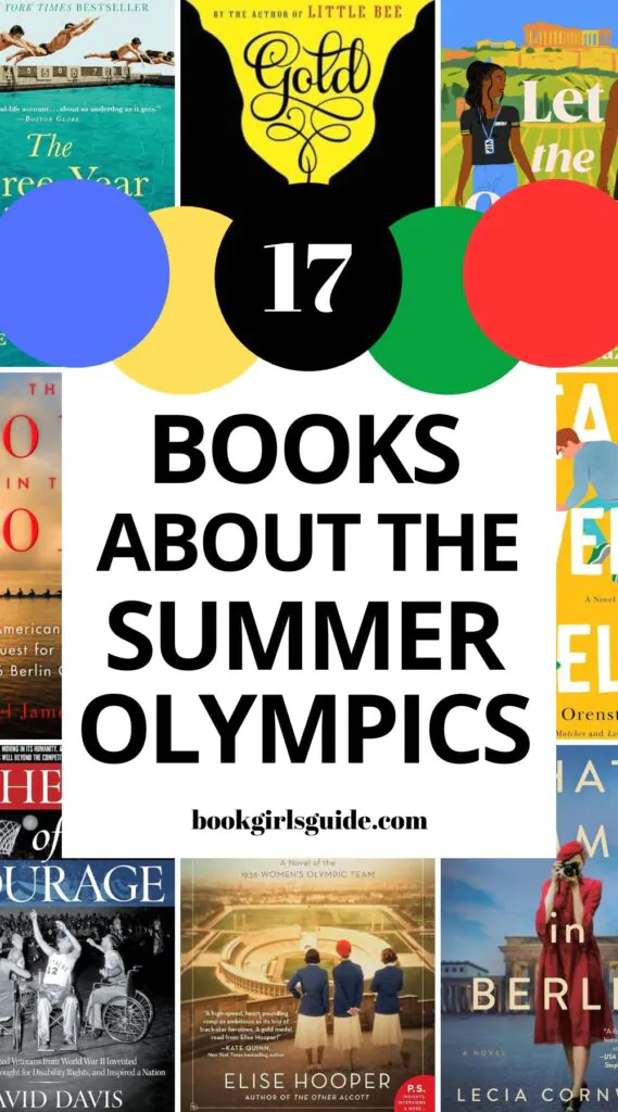 nine partial book covers with a white rectangle in the middle and black text that reads 17 books about the summer Olympics