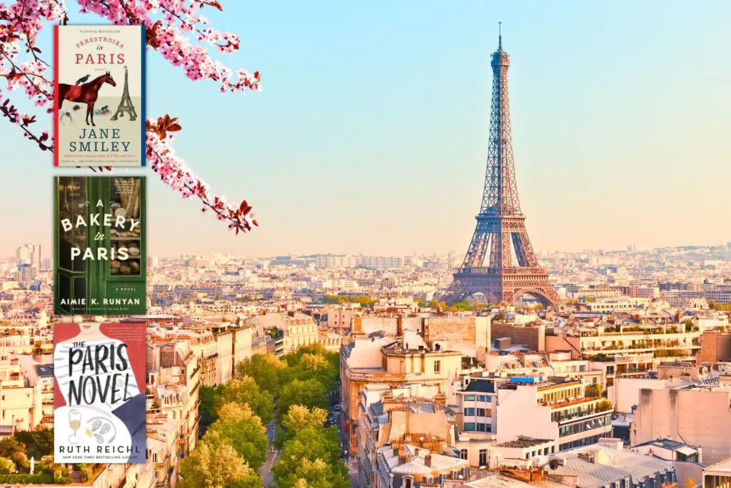 Wide view of the Eiffel Tower with 3 books overlaid