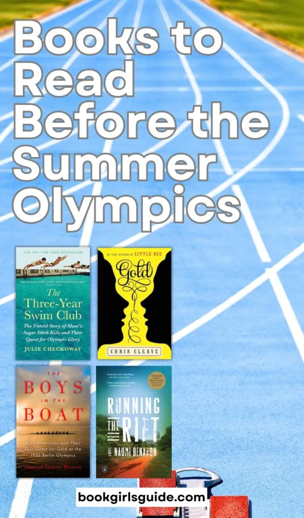 Photo of a running track with four book covers about the Summer Olympics