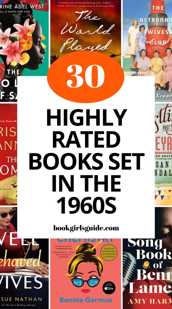 8 book covers overlayed with a white rectangle and text that reads6 30 Highly Rated Books Set in the 1960s