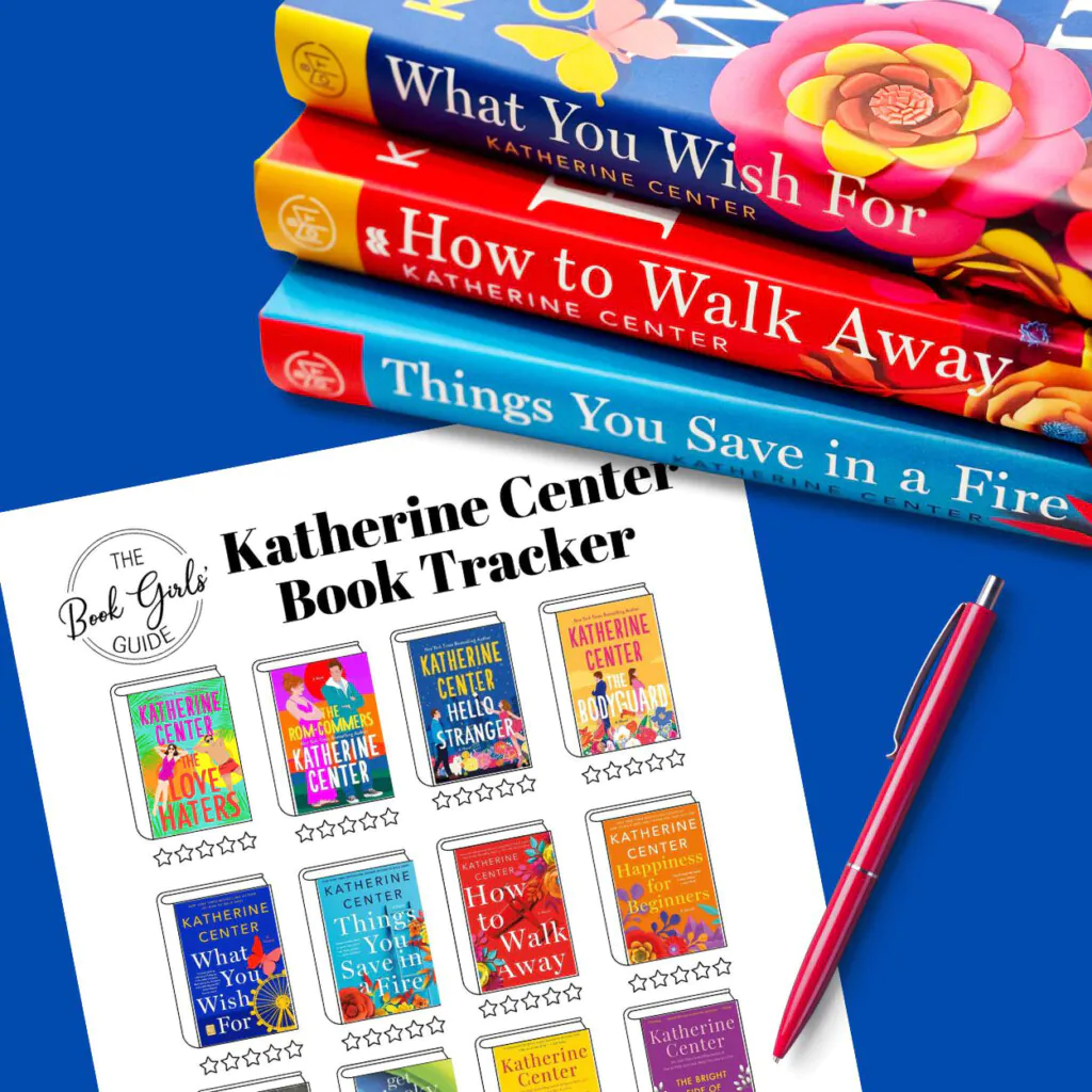 Printable list of Katherine Center books on a blue background with a stack of three books in the corner and a pink pen