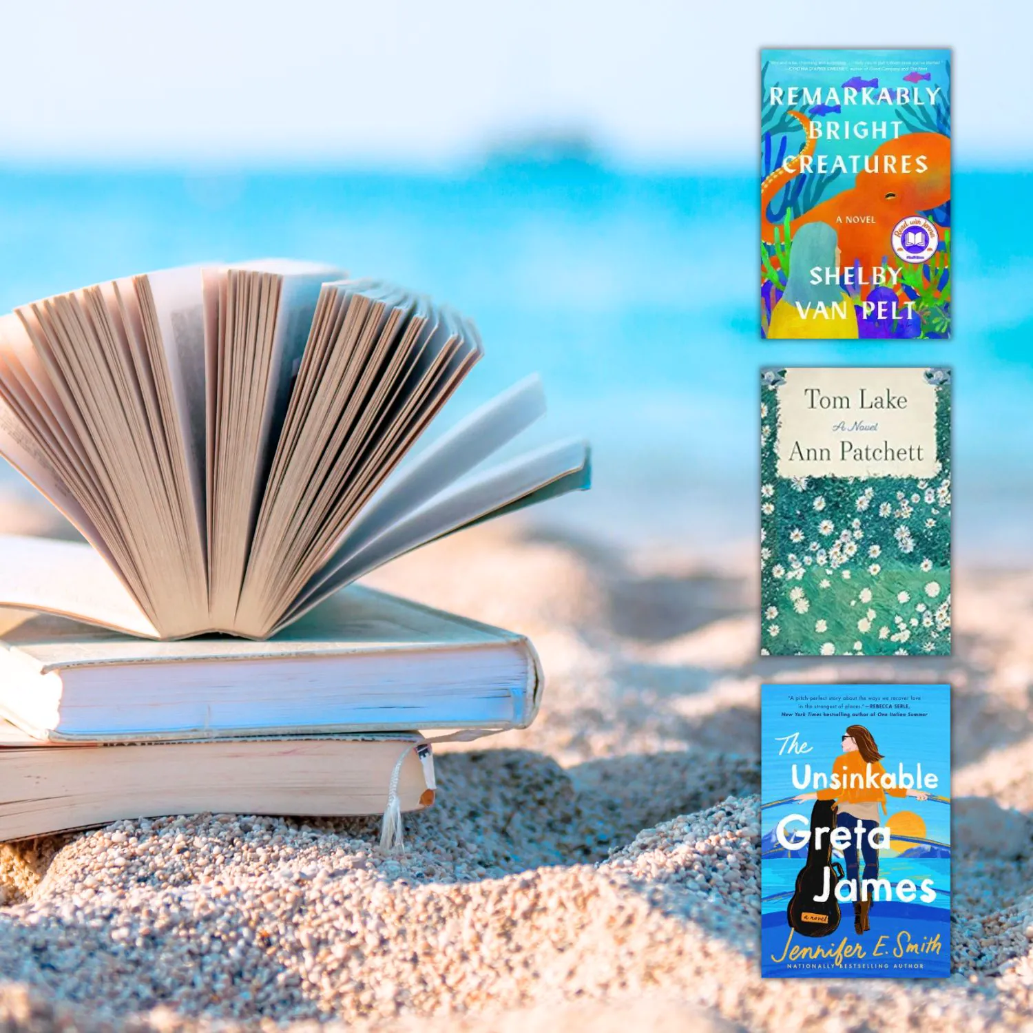 stack of books on beach with book covers from this list