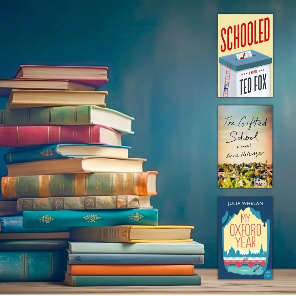 Stack of aged books on the left and three side by side book covers about schools on the right