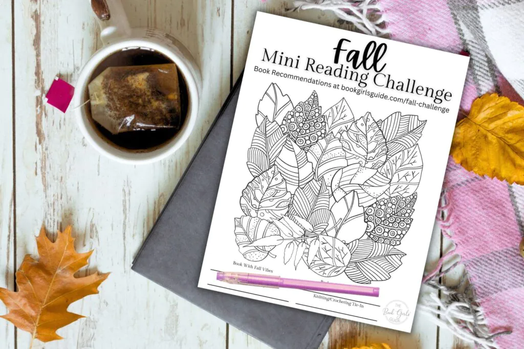 blanket & mug of tea with coloring sheet of fall leaves titled Fall Reading Challenge