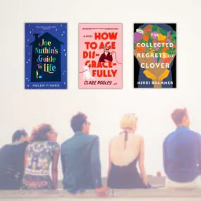 photo of a group of friends sitting together seen from behind with three book covers above them featuring books in the found family trope