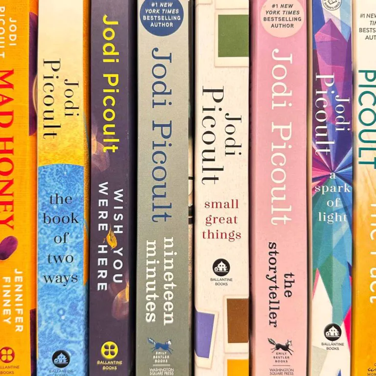 Row of eight Jodi Picoult book spines