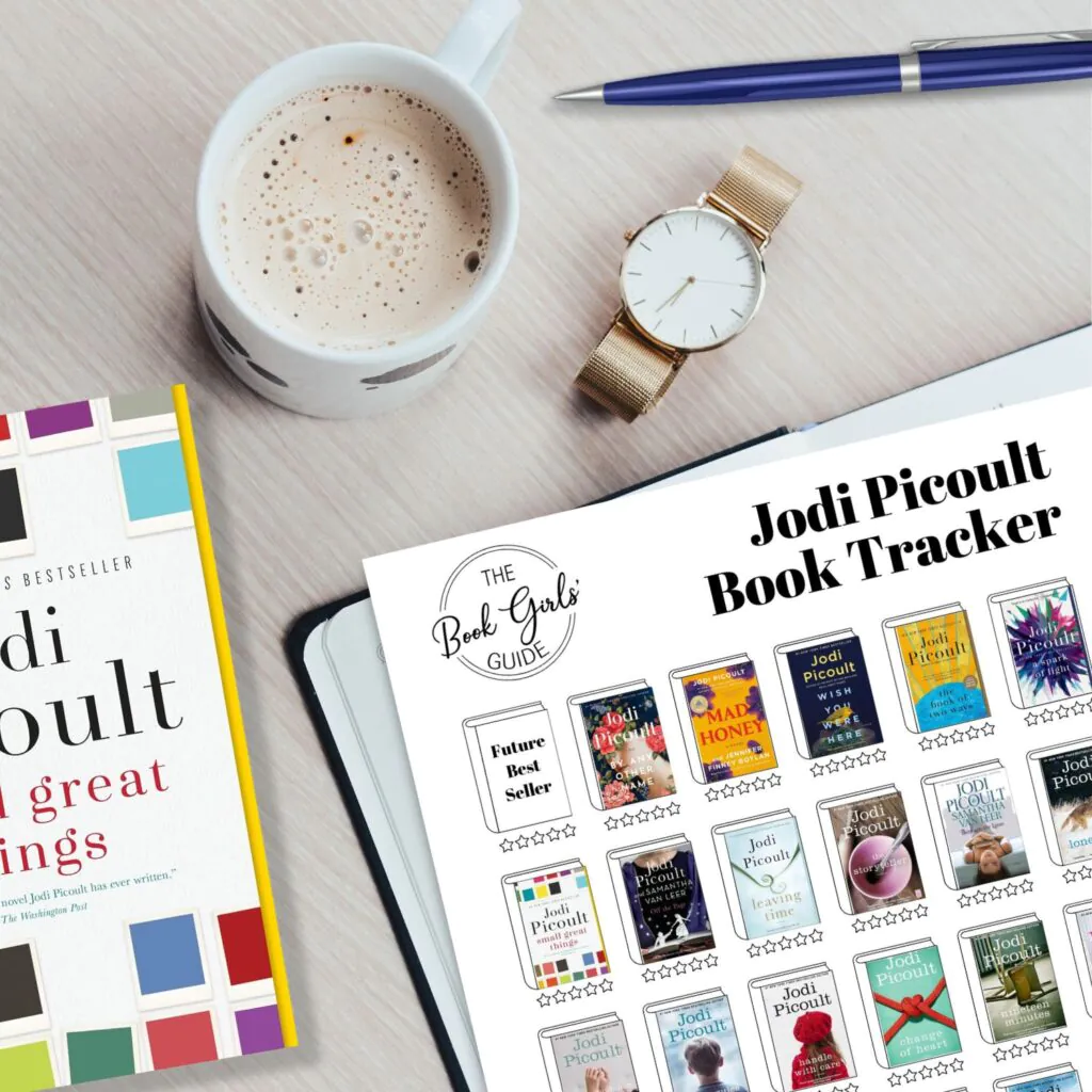 Jodi Picoult Books in Order Printable List surrounded by a book, cup of coffee, and pen