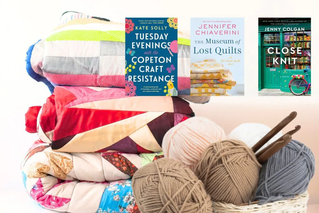 Quilting Fiction and Knitting Fiction book covers with a stack of quilts and a basket of yarn