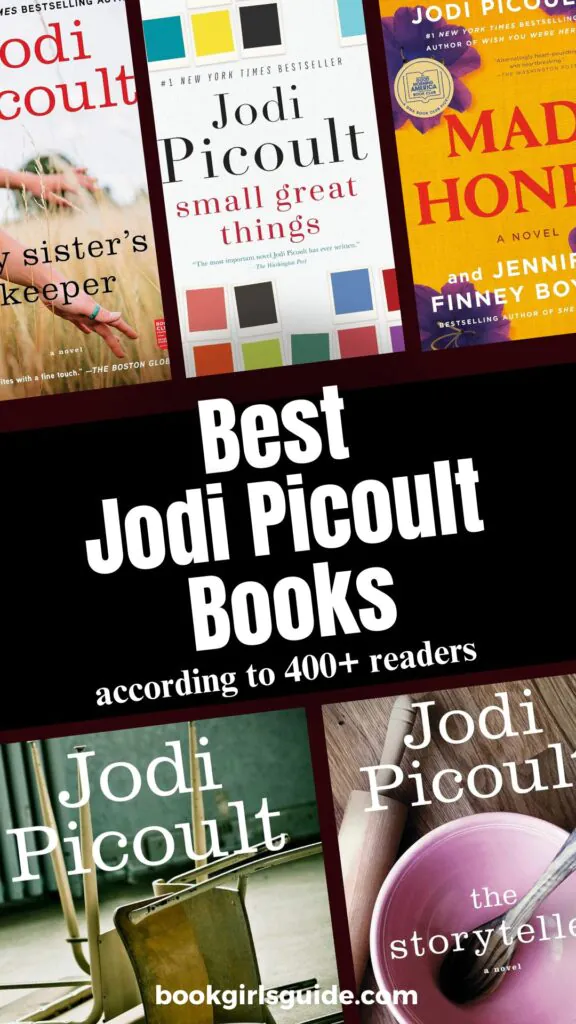 Five angled Jodi PIcoult book covers with text in the middle that reads Best Jodi Picoult Books