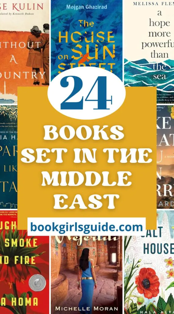 Eight partial book covers around the edges with text in the middle that reads 24 books set in the Middle East.