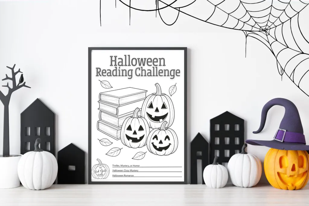Halloween reading challenge printable in a frame surrounded by a not-scary Halloween scene
