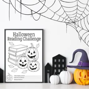 Halloween reading challenge printable in a frame surrounded by a not-scary Halloween scene