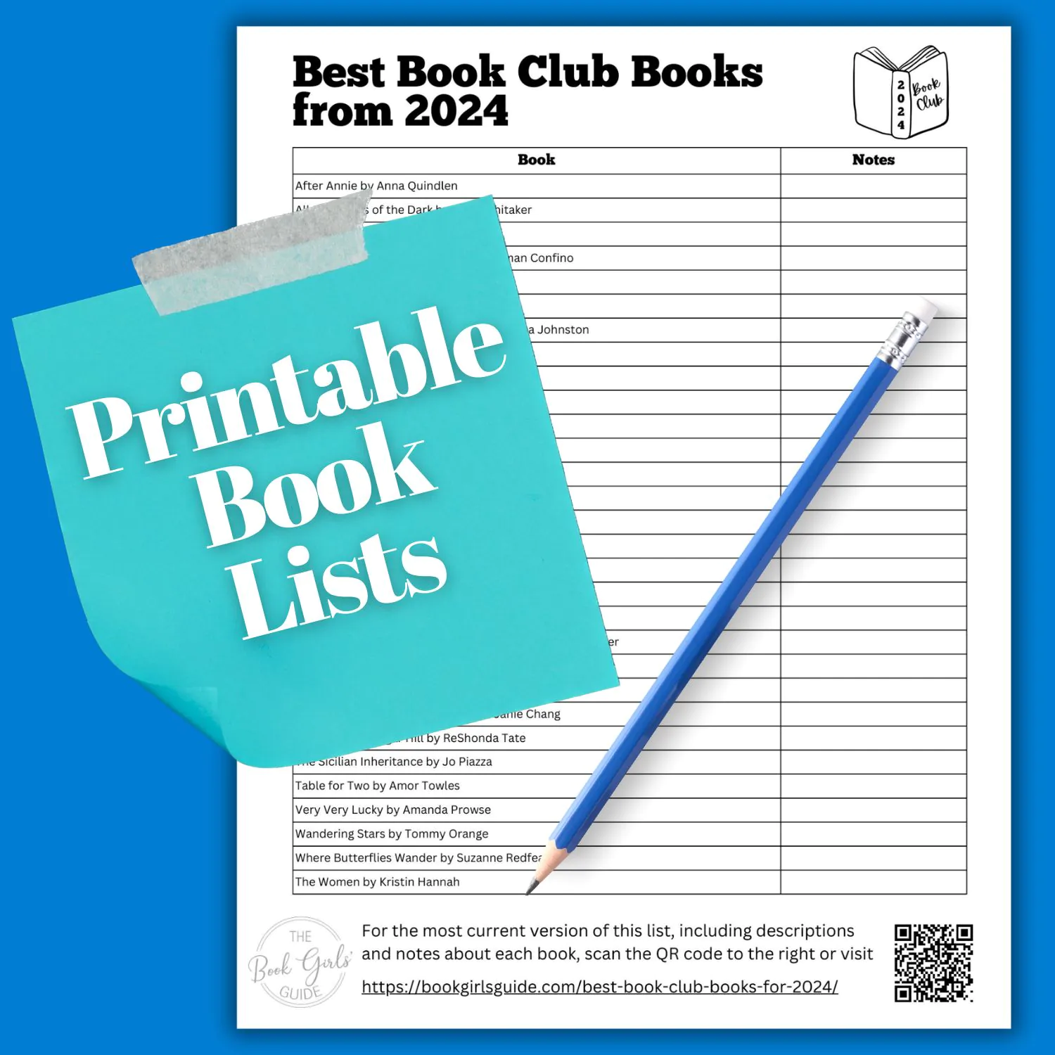 Print out of this book list with teal post it note reading Printable Book Lists