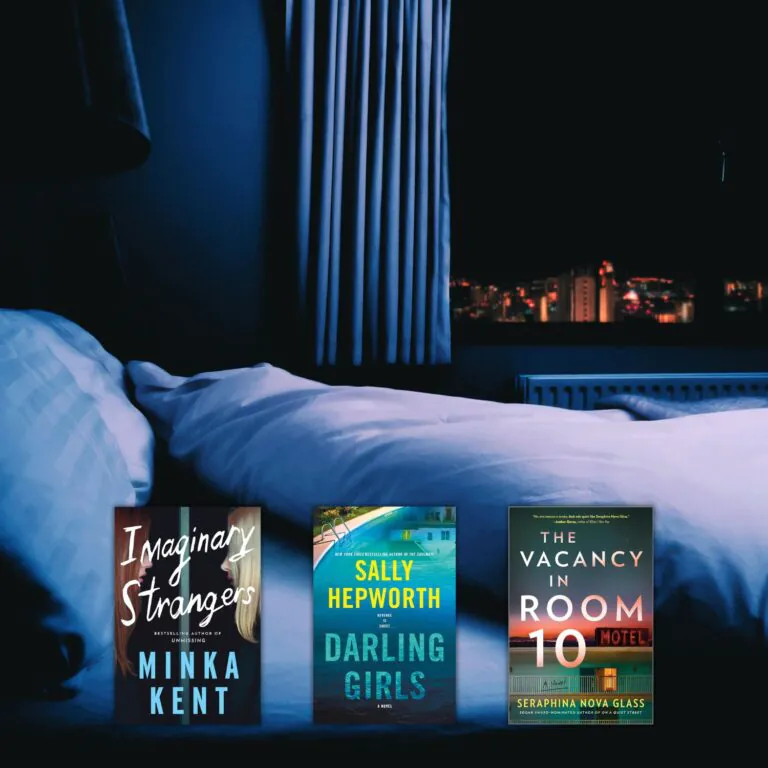 Dark bedroom with empty bed of view of dark city with three books overlayed