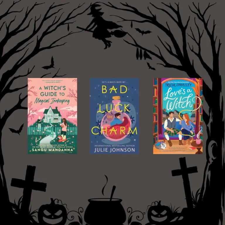 Book covers of three Halloween themed rom coms featuring witches on a dark background with a Halloween night scene and a witch in the sky