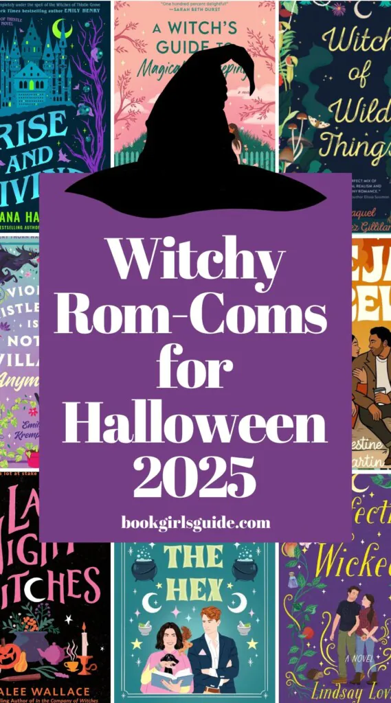 Eight witchy romance book covers around the edges with a purple rectangle in the center and white text that reads Witchy Rom-Coms for Halloween 2025