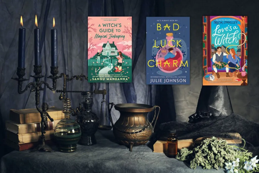 Book covers of three Halloween themed rom coms featuring witches on a dark background of witches table with a candleabra, a caldroun, and a black hat