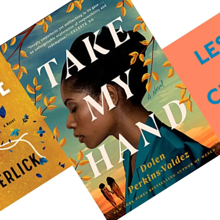 three tilted book covers with Take My Hand in the Center